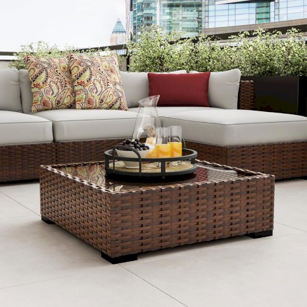 Commercial Dark Brown Square Wicker Outdoor Patio Coffee Table With Glass Top Product Lamacasa Commercial Dark Brown Square Wicker, Coffee Table Wicker Display